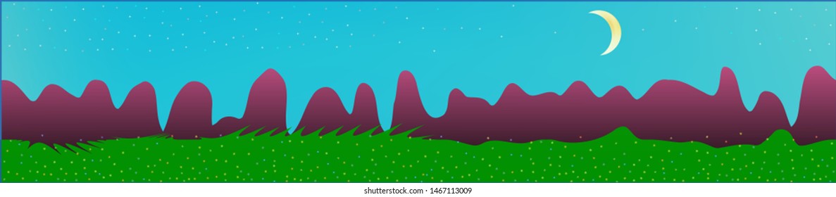 Cyan sky, and mountains landscape. Abstract, horizontal texture background picture. Colorful skinali background abstraction. Crisp glass print fantasy. Horizon, chilly. Old game style.
