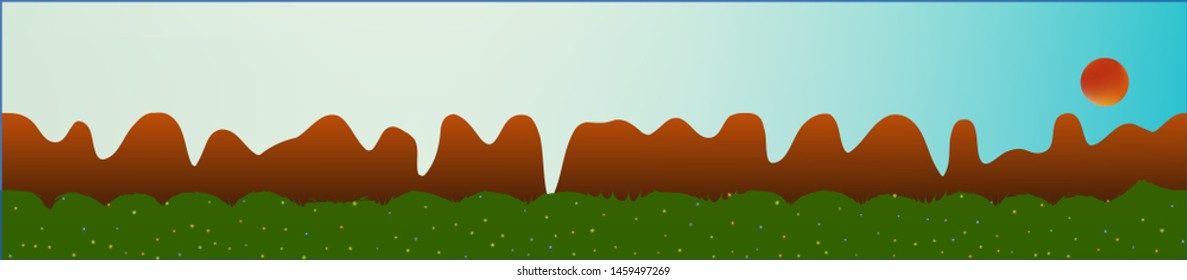 Cyan sky, and mountains landscape. Fairy tale panoramic landscape. Landscape fable. Breezy glass print fantasy. Horizon, mesh. Old game style.