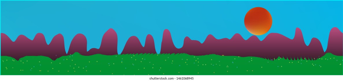 Cyan sky, and mountains landscape. Fairy tale panoramic landscape. Landscape fable. Net glass print fantasy. Horizon, unused. Old game style.