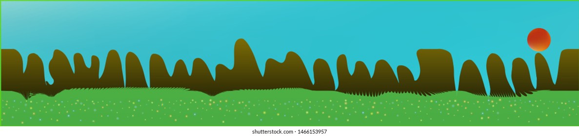 Cyan sky, and mountains landscape. Fairy tale panoramic landscape. Landscape fable. Clean glass print fantasy. Horizon, bright. Old game style.