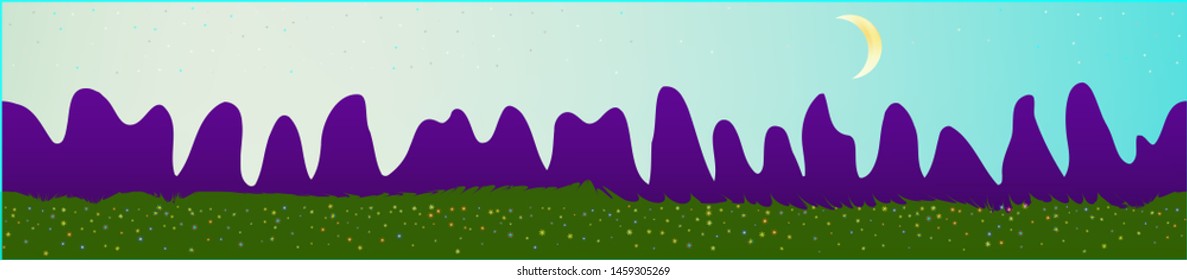 Cyan sky, and mountains landscape. Light colorful skinali art design. Wide artistic view. Clear glass print fantasy. Horizon, smoot. Old game style.