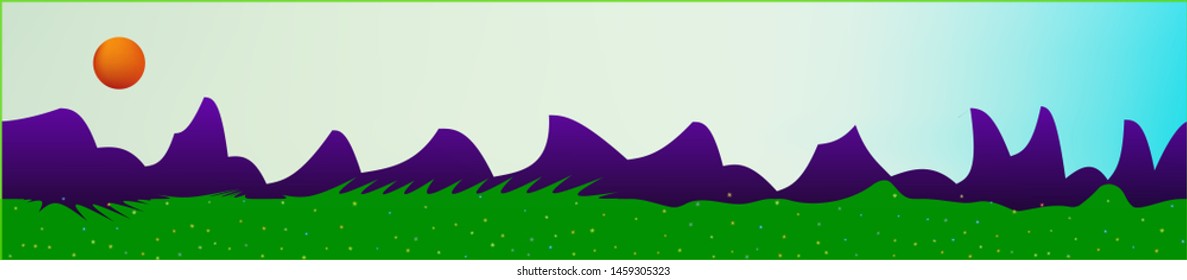 Cyan sky, and mountains landscape. Light colorful skinali art design. Wide artistic view. Breezy glass print fantasy. Horizon, modern. Old game style.