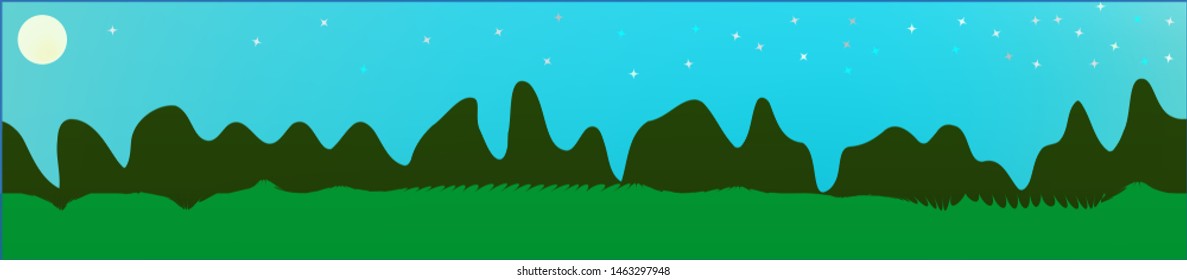 Cyan sky, and mountains landscape. Light glass print panaramic design. Glass print skinali light and dark. Net glass print fantasy. Horizon, unused. Old game style.