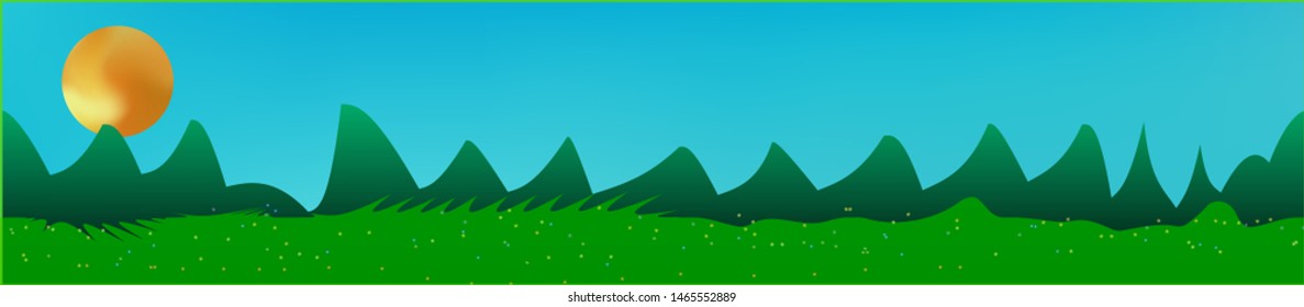 Cyan sky, and mountains landscape. Light glass print panaramic design. Glass print skinali light and dark. Clear glass print fantasy. Horizon, modern. Old game style.