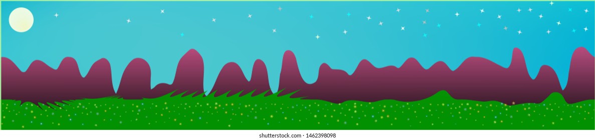 Cyan sky, and mountains landscape. Panoramic horizontal design. Trendy panoramic design. Clean glass print fantasy. Horizon, modern. Old game style.