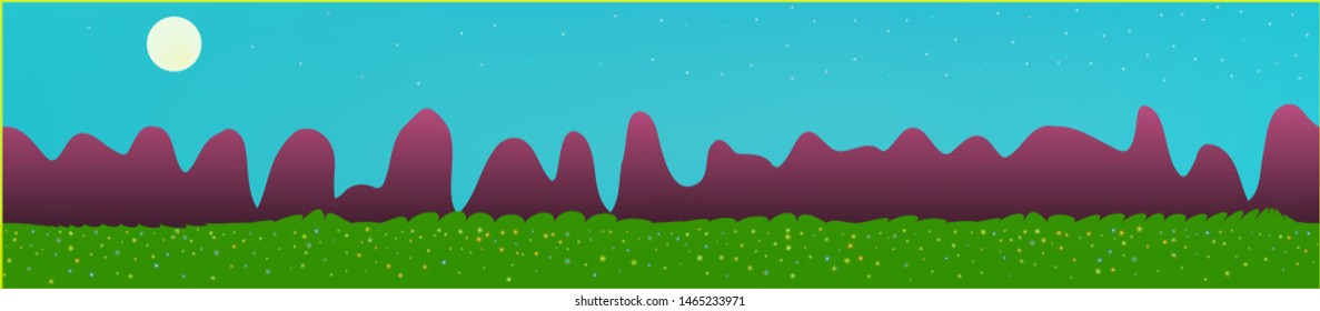Cyan sky, and mountains landscape. Panoramic horizontal design. Trendy panoramic design. Fresh glass print fantasy. Horizon, modern. Old game style.
