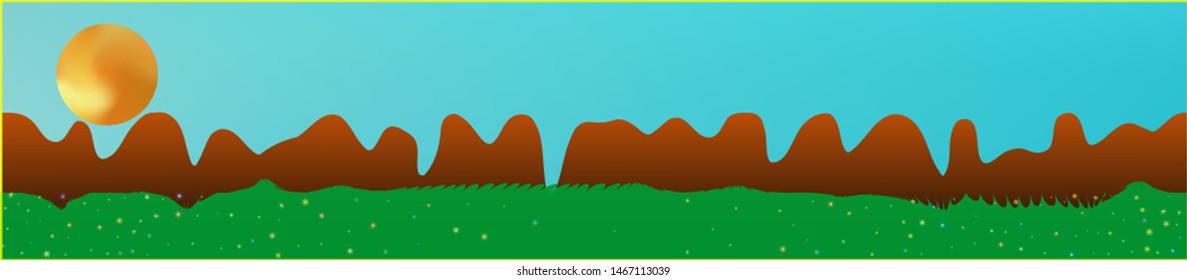 Cyan sky, and mountains landscape. Panoramic horizontal design. Trendy panoramic design. Crisp glass print fantasy. Horizon, modern. Old game style.