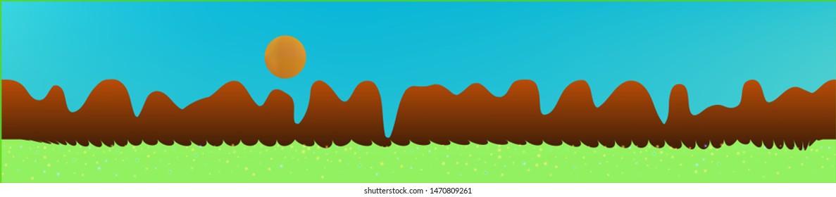 Cyan sky, and mountains landscape. Panoramic horizontal design. Trendy panoramic design. Clean glass print fantasy. Horizon, chilly. Old game style.