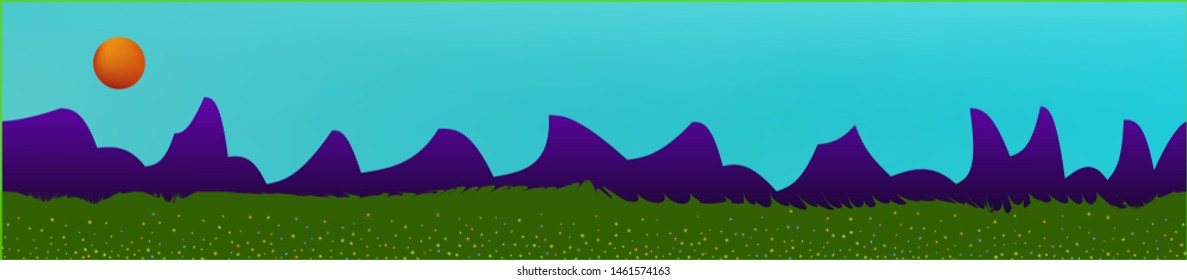 Cyan sky, and mountains landscape. Plain horizontal background illustration. Trendy fairy tale plain design. Crisp glass print fantasy. Horizon, unused. Old game style.