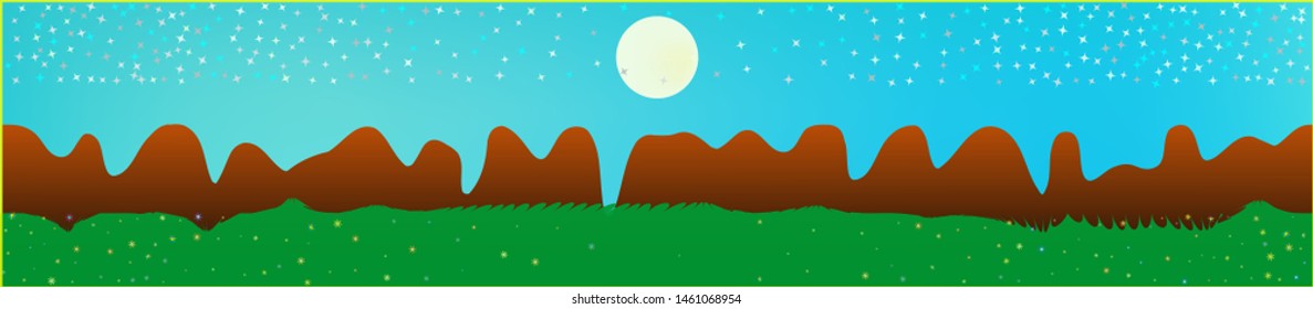Cyan sky, and mountains landscape. Texture background illustration design. Colorful new glass print design. Fresh glass print fantasy. Horizon, light. Old game style.
