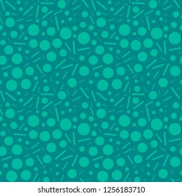 Cyan sticks and circles on a blue-green background - seamless pattern. Abstract tile ratio of 1 to 1. For backgrounds, paper, fabrics, clothing, applications, etc.