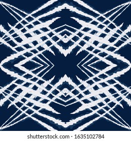 Cyan Tile Stripe Vector Seamless Pattern. Navajo Fabric Tie Dye Ornament. Textile African Wallpaper. Blue Shibori Arabic Pattern.