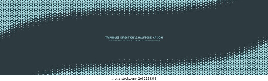 Cyan triangles grid halftone pattern twisted curved border ultra wide 32:9 aspect ratio vector conceptual abstract background. Half tone texture ultrawide format futuristic technology abstraction