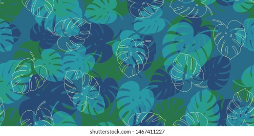 Cyan tropical monstera seamless vector pattern background.