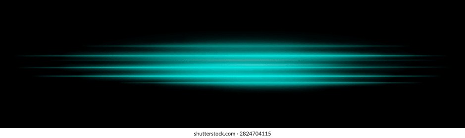 Cyan turquoise light rays. Multiple thin beams with intense center and gradual fade creating motion blur on black backdrop.