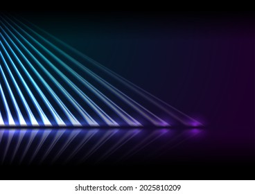 Cyan and violet neon laser lines with reflection. Abstract rays technology retro background. Futuristic glowing graphic design. Modern vector illustration