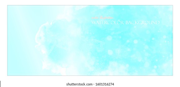 Cyan watercolor splash. Realistic blue sky with strong sun rays. Banner with free space for your graphics, subtitles. Cyan colors. Vector illustration Delicate and subtle, ethereal.