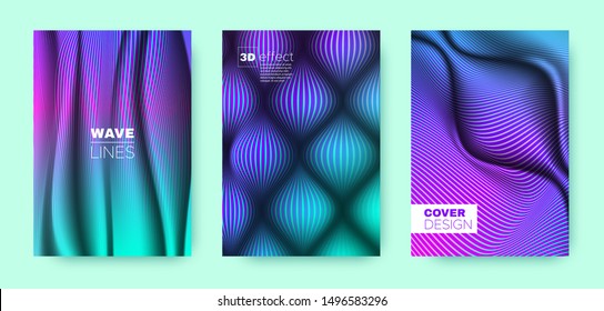 Cyan Wave Concept. Abstract Cover. Dynamic Background. 3d Geometric Halftone Texture. Flow Concept. Neon Headline Cover. Business Brochure. Wave Template. Linear Texture.