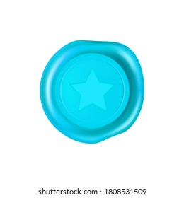 Cyan wax seal with star. Wax seal stamp isolated on white background. Realistic guaranteed blue stamp. Realistic 3d vector illustration