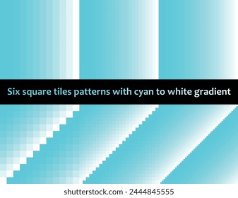Degradado cian a blanco en azulejos cuadrados, patrón de Vector sin costuras, monocromático, colección de seis