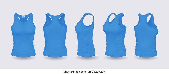 Camisas sem mangas mulheres ciano com mockup design conjunto de ilustração vetor realista. Roupas com espaço para modelos 3d da marca no fundo branco