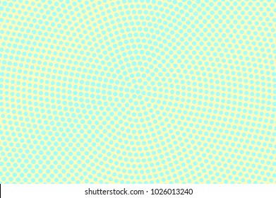 Cyan yellow dotted halftone. Centered radial dotted pattern. Half tone vector background. Abstract pastel texture. Green ink dot on yellow backdrop. Modern pop art design template. Halftone texture