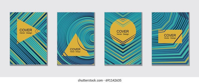 Cyan and yellow halftone vector template with lines, triangles, circles. Title places. Vector journal design geometric shape background set, halftone lines hipster pattern abstract collection.