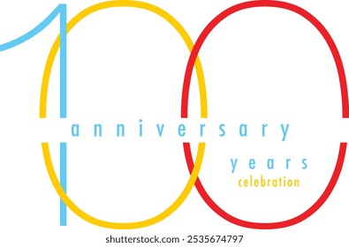 cyan yellow and red number 100 years anniversary celebration, isolated on white background.