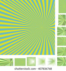Cyan and yellow vector ray burst design background set. Different color, gradient, screen, paper size versions.