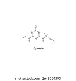 Estrutura esquelética de cianazina. Ilustração esquemática de composto de herbicida. Diagrama simples, fórmula química.