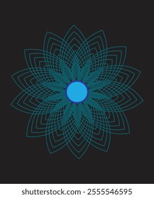 A cyan-blue flower with intricate geometric patterns, glowing softly on a dark background.