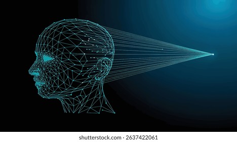 Cyan-Blue Wireframe Human Head with Radiating Signal Lines
