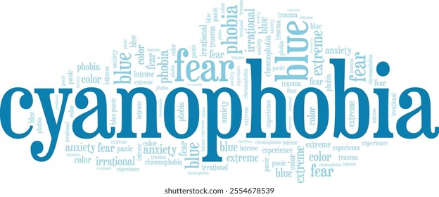 Cyanophobia: Fear of the Color Blue word cloud conceptual design isolated on white background.