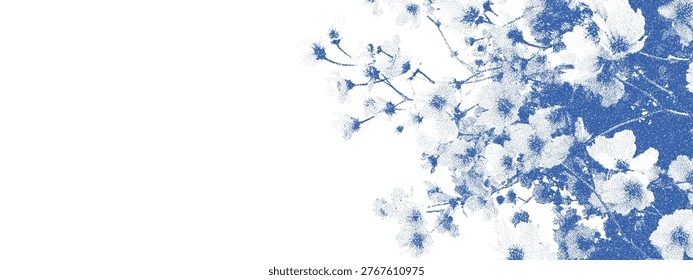 Cyanotype vector print with floral pattern. Abstract flower silhouette textured with dots. Botanical element for artistic design, stationery, greeting card and wedding background.