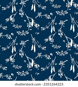 Cyanotype-style acacia background of white scattered blossoming branches dark blue backdrop. Vintage hand drawn print-like pattern for textile and paper.
