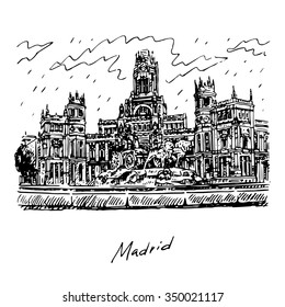 Cybele Palace and fountain at the Plaza Cibeles in Madrid, Spain. Drawn pencil sketch. Vector file