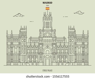 Cybele Palace in Madrid, Spain. Landmark icon in linear style