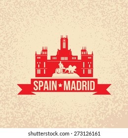 Cybele Palace - The symbol of Spain, Madrid. Vintage stamp with red ribbon