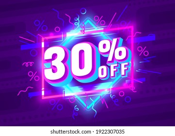 Cyber 30 off sale banner, light neon flyer, retro label. Vector illustration