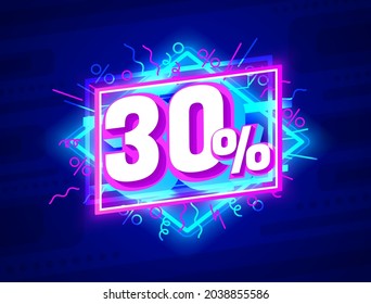 Cyber 30 off sale banner, light neon flyer, retro label. Vector illustration