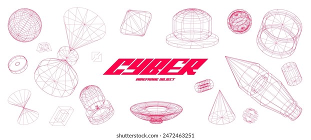 Vector de estructura de alambre 3D cibernético, diseño de elemento futurista, ciberespacio, decoración digital.  