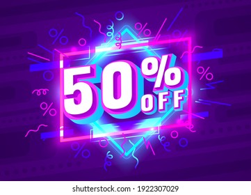 Cyber 50 off-Verkaufs-Banner, leichter Neonflieger, Retro-Label. Vektorgrafik