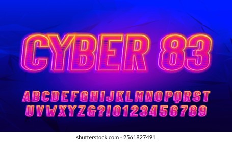Cyber 83 alphabet font. Glowing neon 3d letters and numbers. Stock vector typeface for your design.