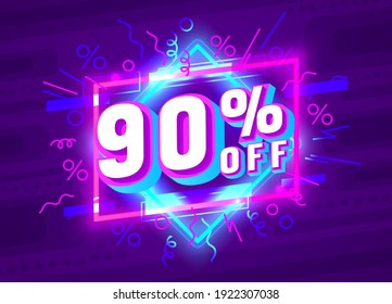 Cyber 90 off sale banner, light neon flyer, retro label. Vector illustration