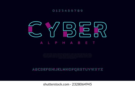 Cyber abstrakte digitale Technologie Logo Schriftart Alphabet. Minimal moderne urbane Schriften für Logo, Marke etc. Typografie Schrift Groß- und Kleinschreibung und Zahl. Vektorgrafik
