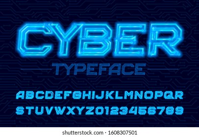 Cyber Alphabet Font. Neon Electronic Letters And Numbers. Stock Vector Circuit Board Typescript.