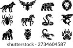 Cyber animals and robotic creatures icons vector set in black silhouette style, featuring cyber wolf, mechanical eagle, armored bear, lion head, spider, war horse, snake, shark, gorilla, owl, scorpion and animal paw print, perfect for esports logos, tattoos, mascots and sci fi games.