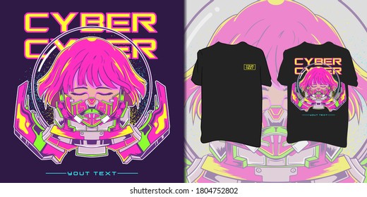 Cyber astronaut woman illustration for  t-shirt.