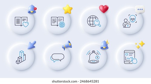 Ataque cibernético, gráfico 3d e iconos de línea de recordatorio. Botones con campana 3d, voz de chat, cursor. Paquete de Messenger, libro de amor, icono de informe de Internet. Pictograma de búsqueda en Internet. Para App de Web, impresión. Vector