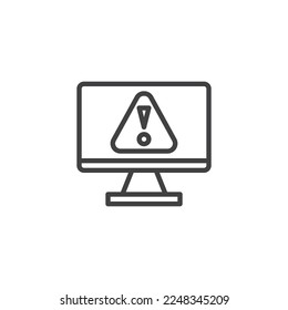 Cyber attack alert line icon. Computer system problem linear style sign for mobile concept and web design. PC monitor and exclamation mark outline vector icon. Symbol, logo illustration. 